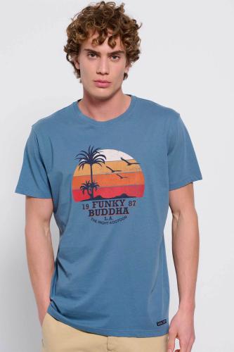 Funky Buddha ανδρικό βαμβακερό T-shirt μονόχρωμο με sunset print και logo patch - FBM007-038-04 Μπλε Ραφ M
